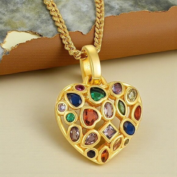 ποΈ Boho Chic Colorful Gem Heart Necklace 18K Gold Plated Stainless Steel - Picture 6 of 13